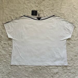 St. John Top Boatneck Short Sleeve Blouse White Black Trim Sz XL NWT New
